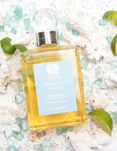 Philadelphia Boutique Spa, Luxury Home Fragrance, ANTICA FARMACISTA, Bergamot & Ocean Aria bubble bath, beautiful bottle soft floral and lime background, Victoria Roggio Beauty, Philadelphia Home Fragrance, Luxury Home Fragrance